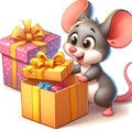 Cute little mouse opening a box with a gift, idea of Ã¢â¬â¹Ã¢â¬â¹joy of the holidays, Christmas cartoon illustration